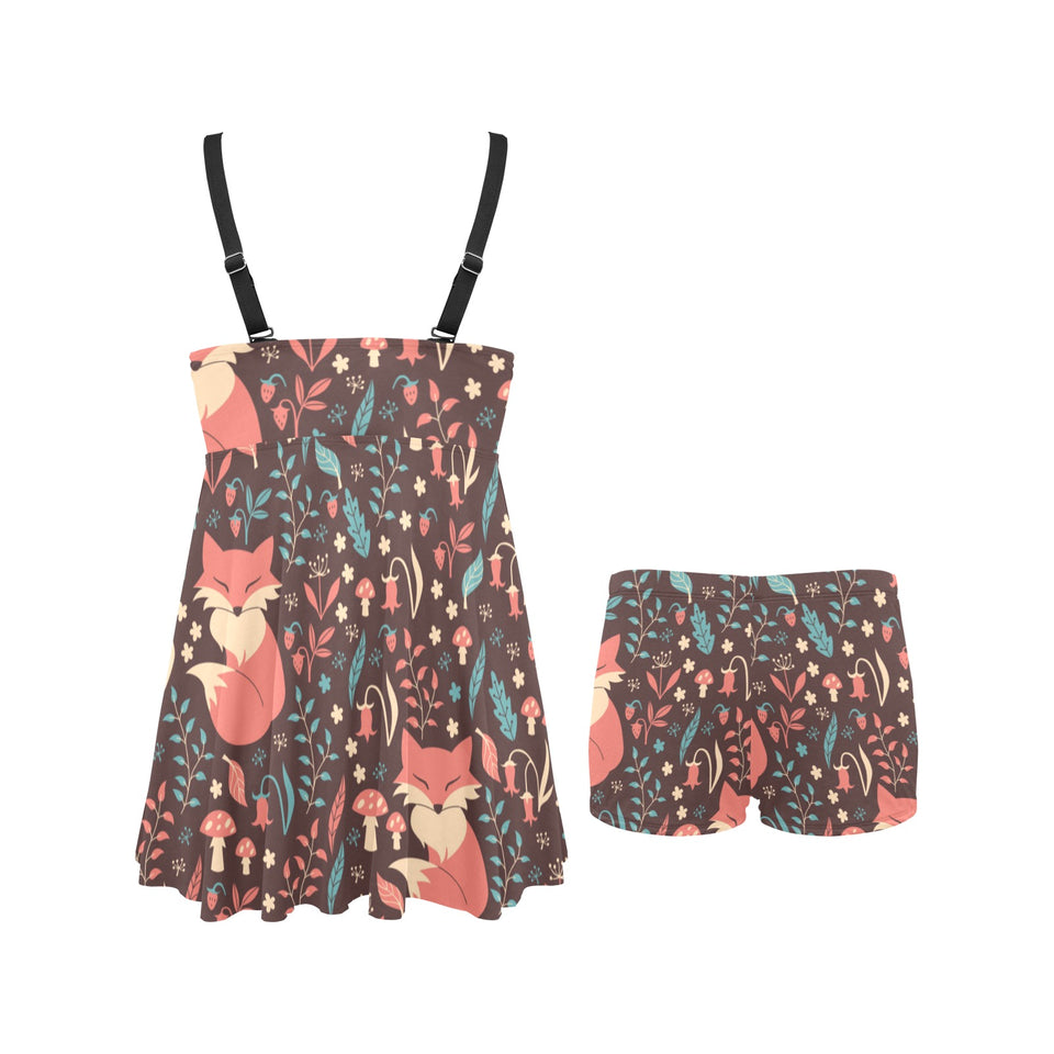 fox leaves mushroom pattern Chest Sexy Pleated Two Piece Swim Dress