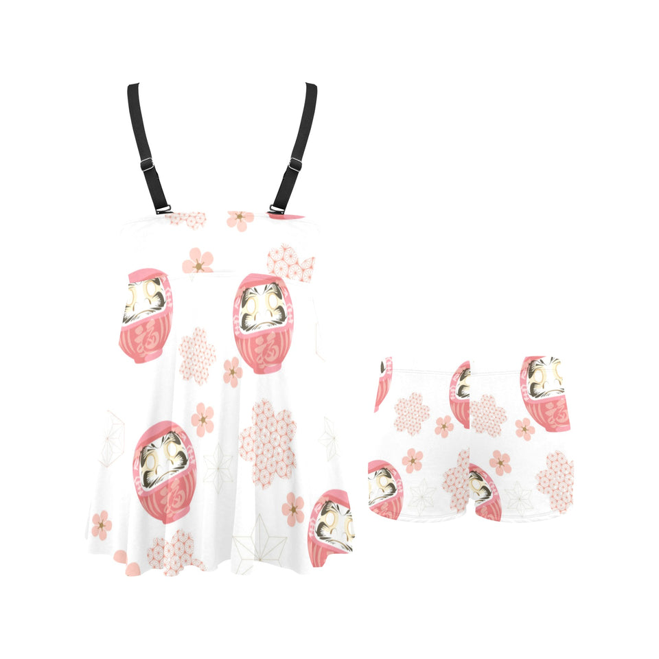 Daruma japanese wooden doll cherry blossom flower Chest Sexy Pleated Two Piece Swim Dress