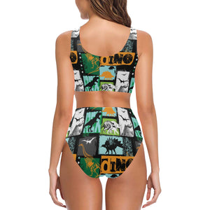 dinosaurs print pattern Chest Bowknot High Waisted Bikini Swimsuit