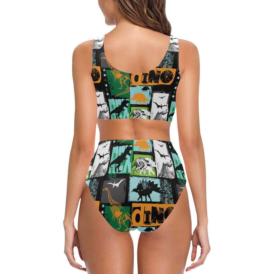 dinosaurs print pattern Chest Bowknot High Waisted Bikini Swimsuit