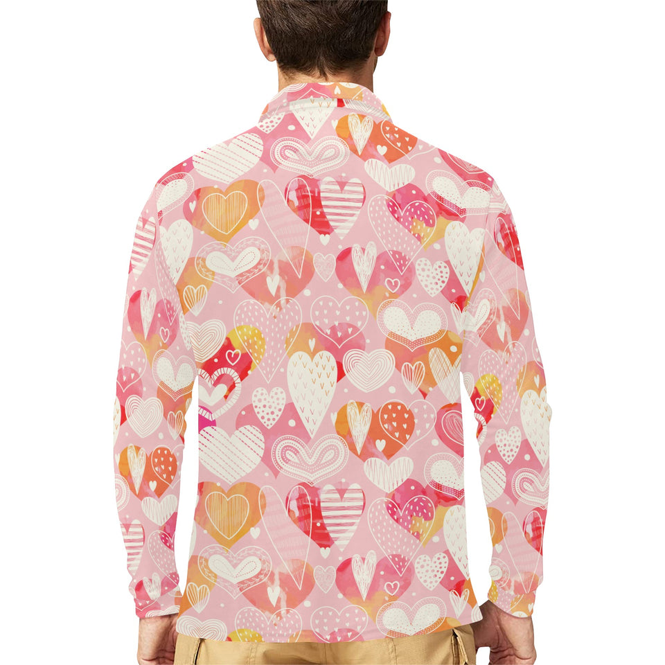Hand drawn heart design pattern Men's Long Sleeve Polo Shirt
