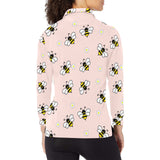 Cute bee flower pattern pink background Women's Long Sleeve Polo Shirt