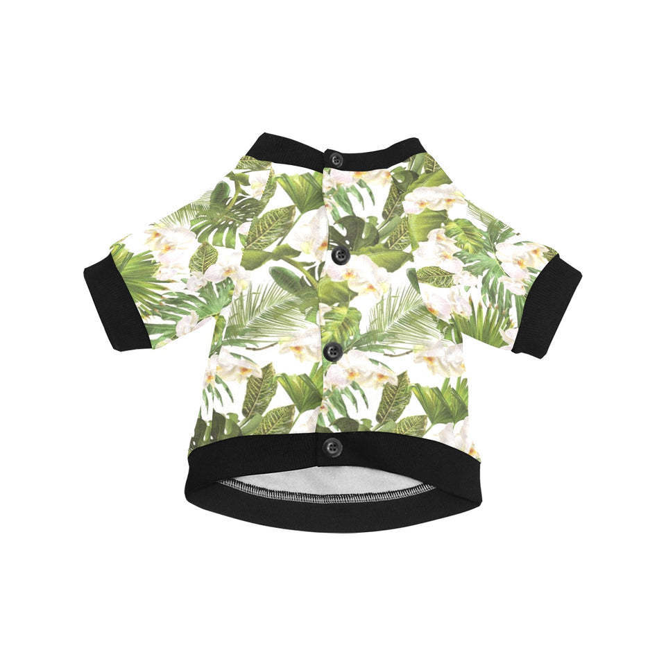 White orchid flower tropical leaves pattern All Over Print Pet Dog Round Neck Fuzzy Shirt
