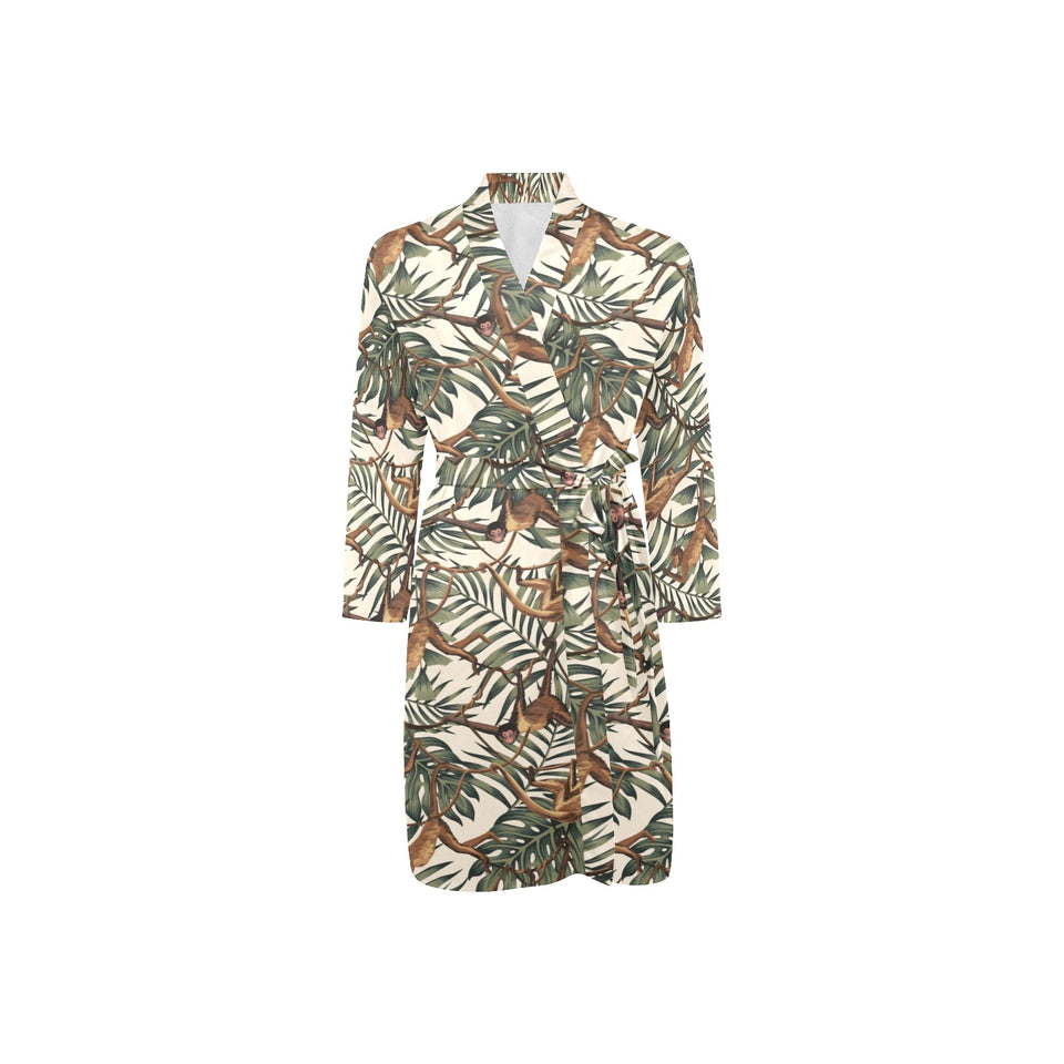 Monkey tropical leaves background Men's Long Sleeve Belted Night Robe