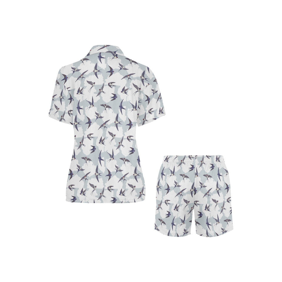 Swallow Pattern Print Design 05 Women's V-Neck Short Pajama Set