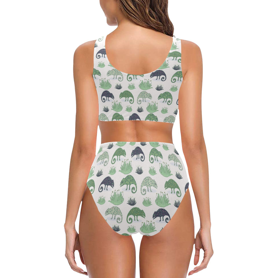 Chameleon lizard succulent plant pattern Chest Bowknot High Waisted Bikini Swimsuit
