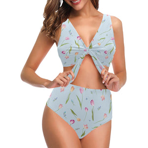 Watercolor Tulips pattern Chest Bowknot High Waisted Bikini Swimsuit
