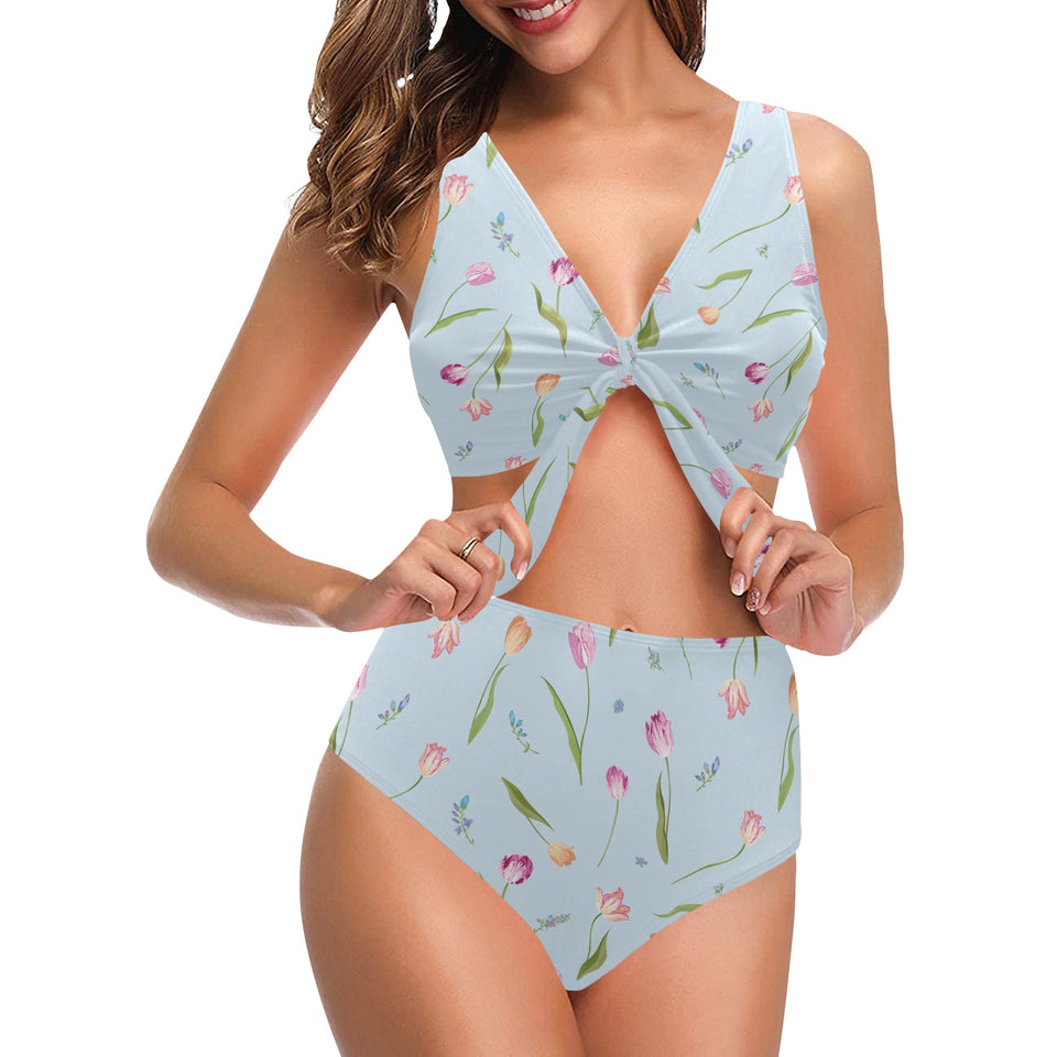 Watercolor Tulips pattern Chest Bowknot High Waisted Bikini Swimsuit