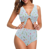 Watercolor Tulips pattern Chest Bowknot High Waisted Bikini Swimsuit