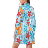 Blue red orange starfish pattern Women's Long Sleeve Belted Night Robe
