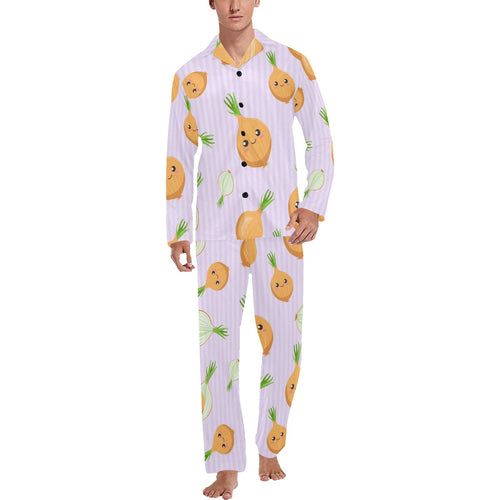 cute onions smiling faces purple background Men's Long Pajama Set