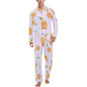 cute onions smiling faces purple background Men's Long Pajama Set