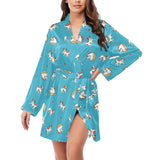 Jack Russel Pattern Print Design 03 Women's Long Sleeve Belted Night Robe