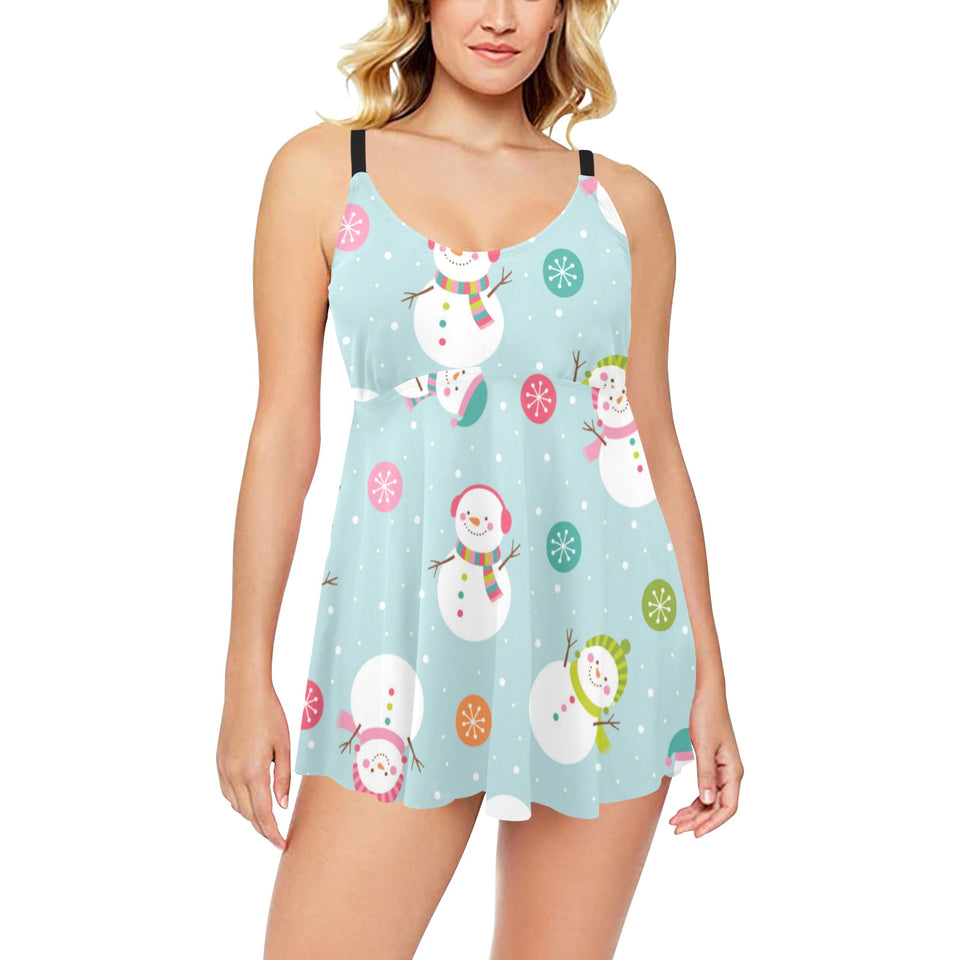 Cute snowman snowflake pattern Chest Sexy Pleated Two Piece Swim Dress