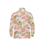 Pink flamingo birds pineapples hibiscus flower pat Men's Long Sleeve Polo Shirt