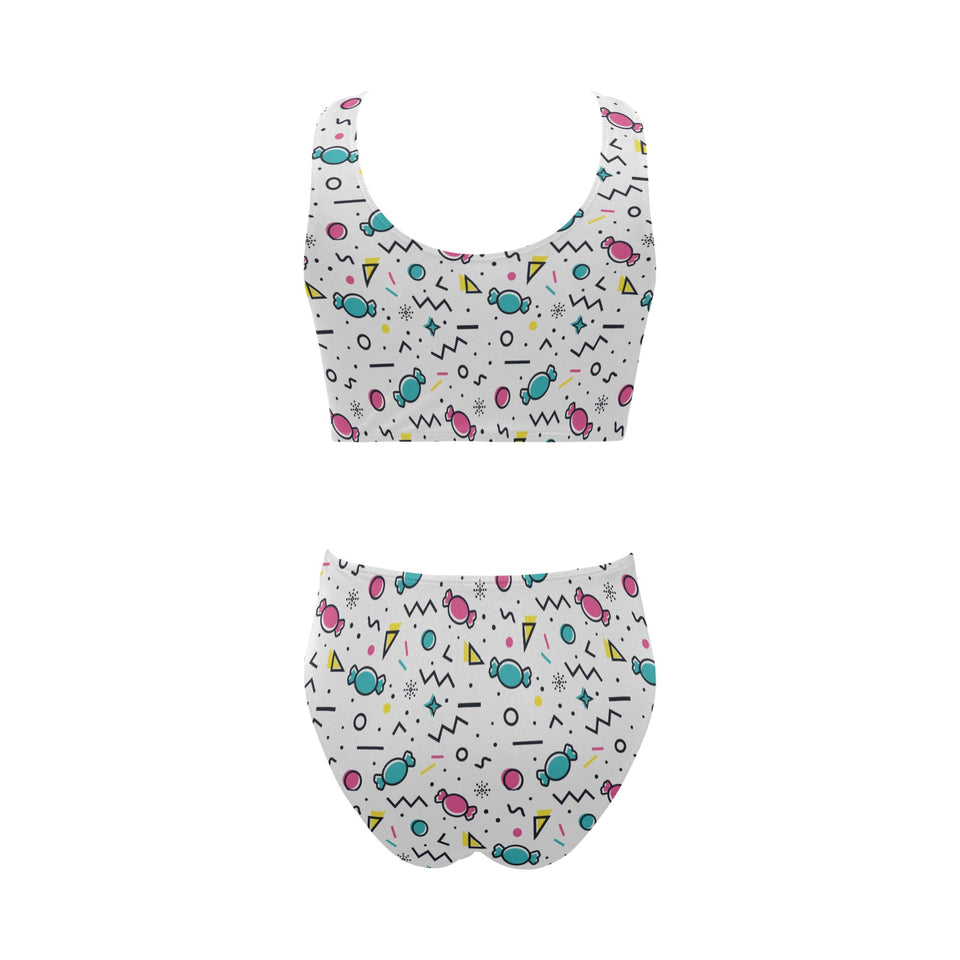 Candy design pattern Chest Bowknot High Waisted Bikini Swimsuit