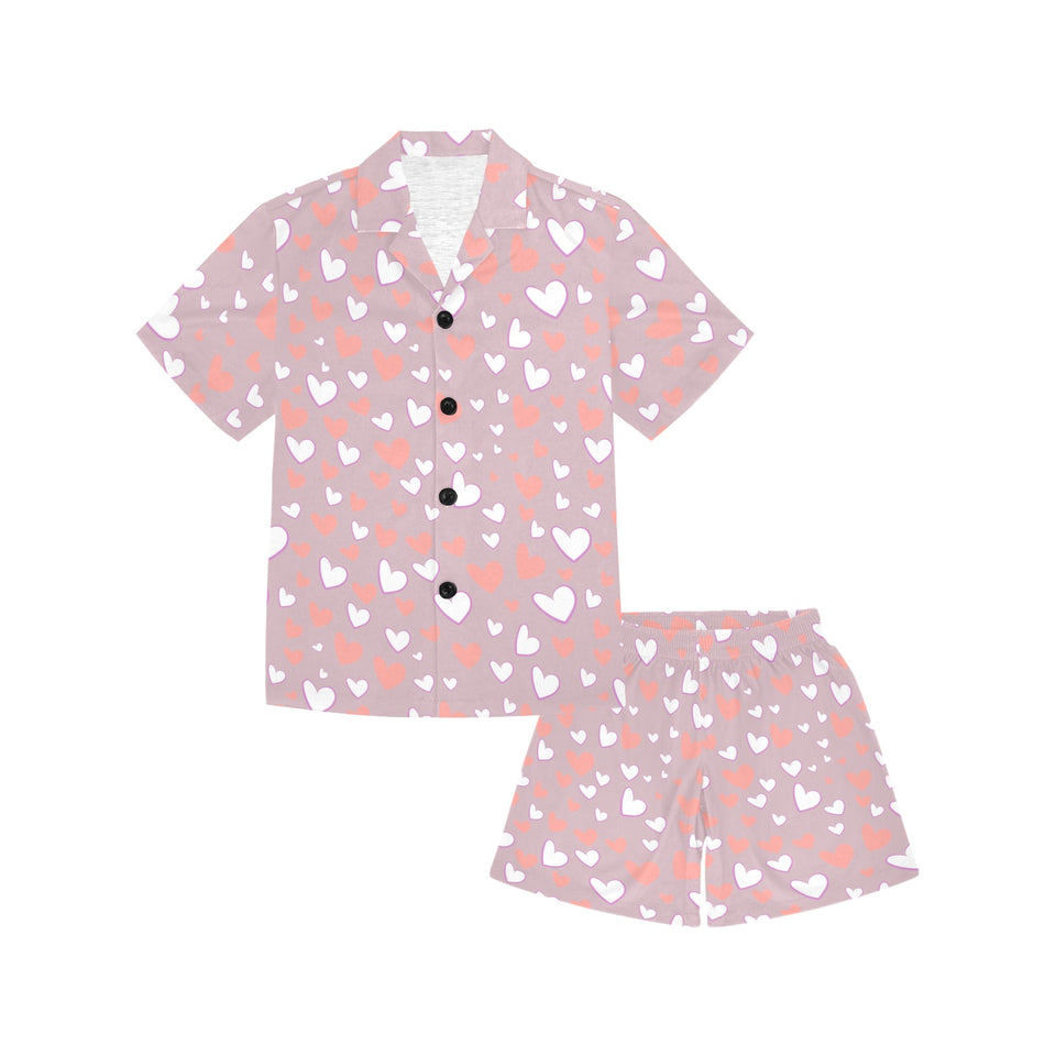coral white heart pattern Kids' Boys' Girls' V-Neck Short Pajama Set