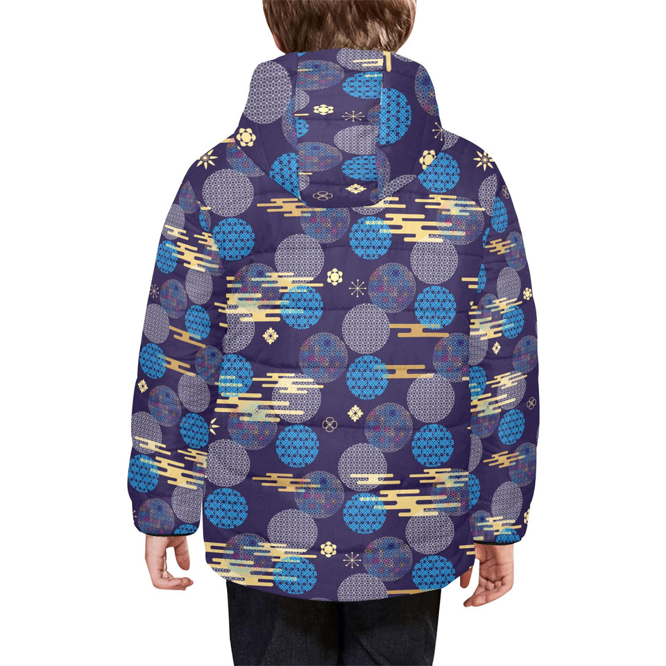 Blue japanese pattern cloud wave flower Kids' Boys' Girls' Padded Hooded Jacket