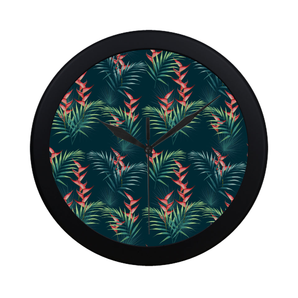 heliconia flowers, palm and monstera leaves on bla Elegant Black Wall Clock