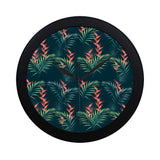 heliconia flowers, palm and monstera leaves on bla Elegant Black Wall Clock