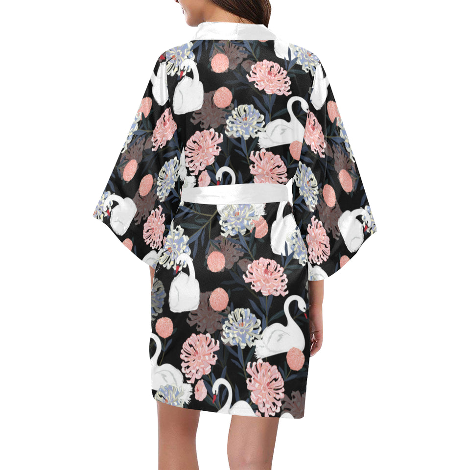 white swan blooming flower pattern Women's Short Kimono Robe