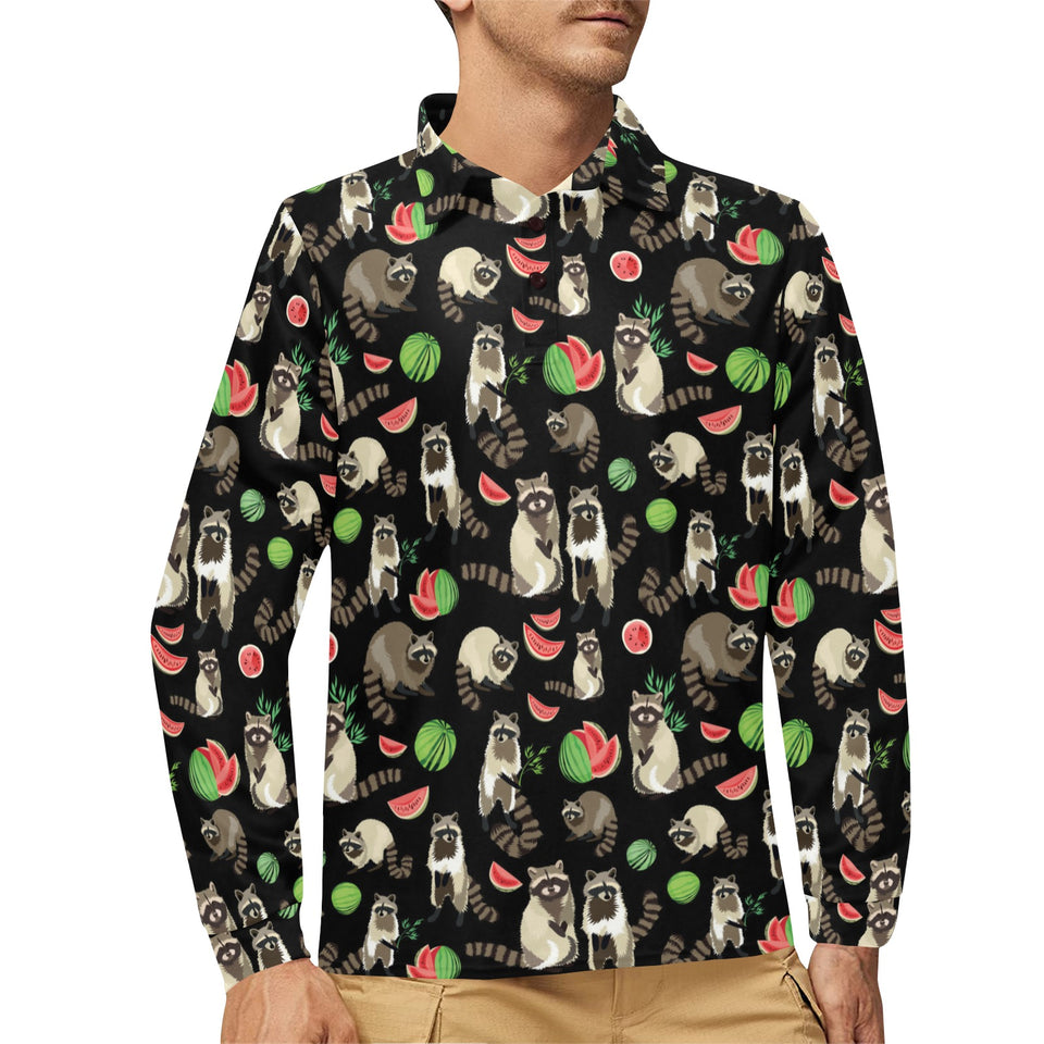 Raccoon watermelon pattern Men's Long Sleeve Polo Shirt