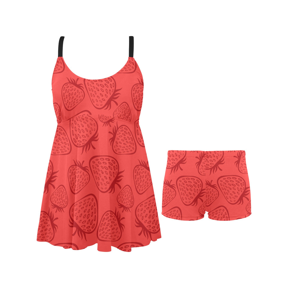 strawberry pattern red background Chest Sexy Pleated Two Piece Swim Dress
