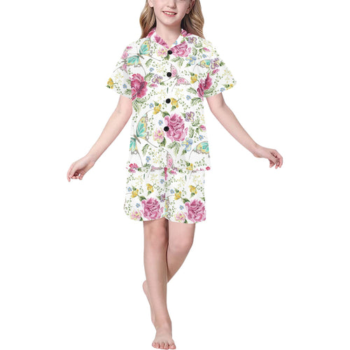 Hand drawn butterfly rose Kids' Boys' Girls' V-Neck Short Pajama Set