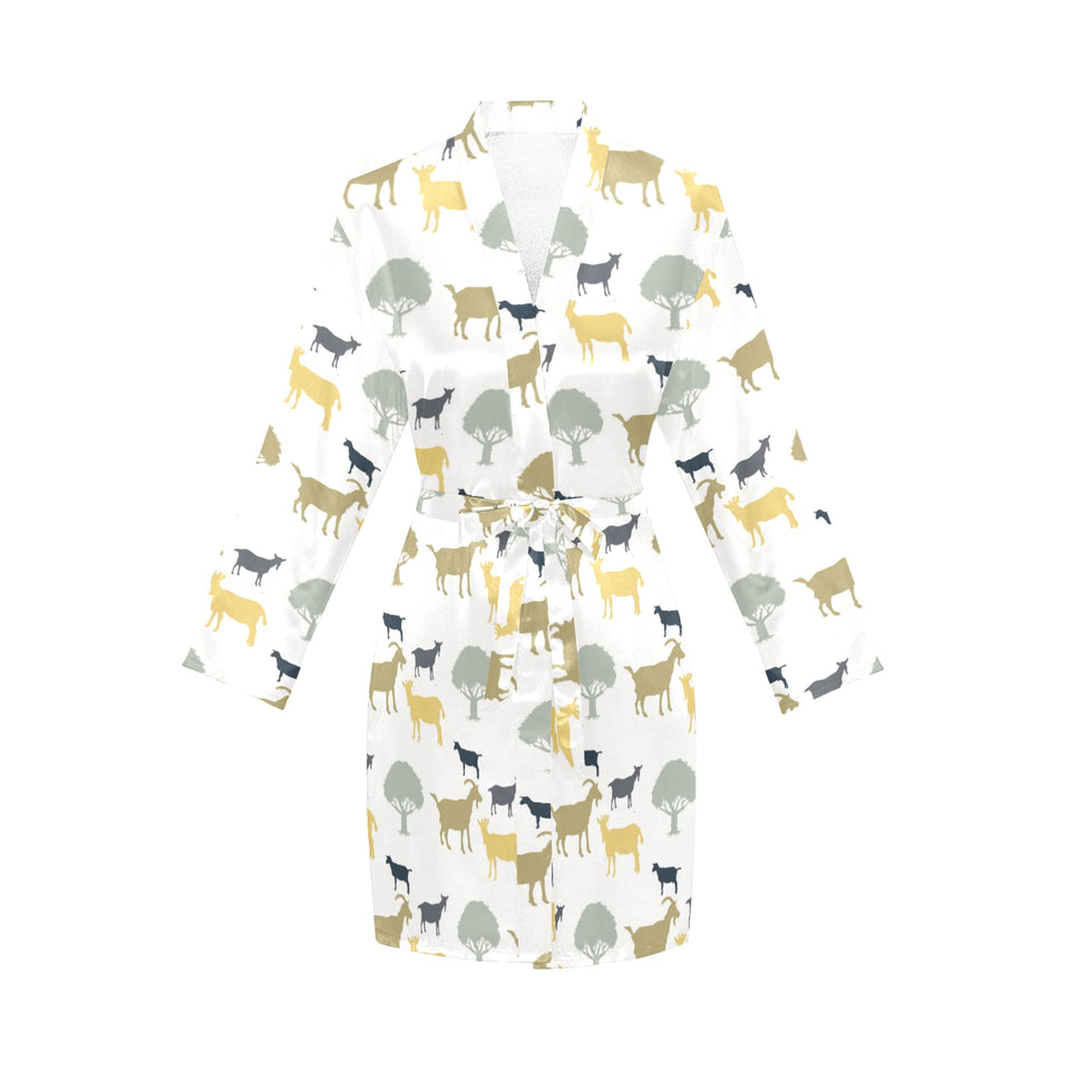 Silhouettes of goat and tree pattern Women's Long Sleeve Belted Night Robe