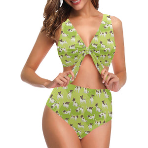 Jack Russel Pattern Print Design 01 Chest Bowknot High Waisted Bikini Swimsuit