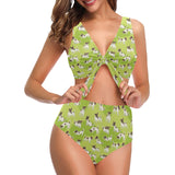 Jack Russel Pattern Print Design 01 Chest Bowknot High Waisted Bikini Swimsuit