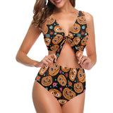 Pumpkin flowers spiderweb Halloween theme Chest Bowknot High Waisted Bikini Swimsuit