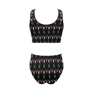 Deer Christmas new year pattern argyle Chest Bowknot High Waisted Bikini Swimsuit