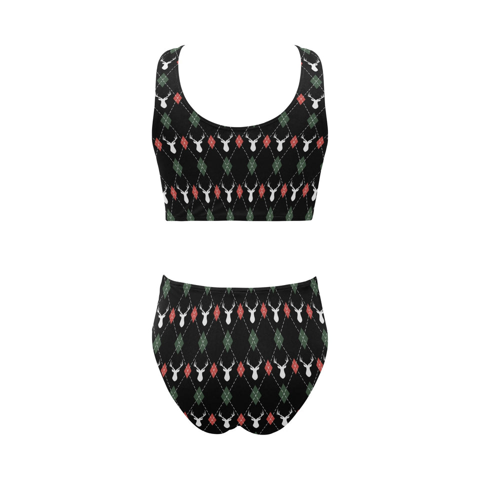 Deer Christmas new year pattern argyle Chest Bowknot High Waisted Bikini Swimsuit