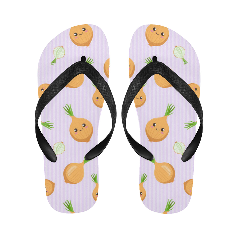 cute onions smiling faces purple background Unisex Flip Flops