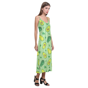 Avocado pattern green background V-Neck Open Fork Long Dress