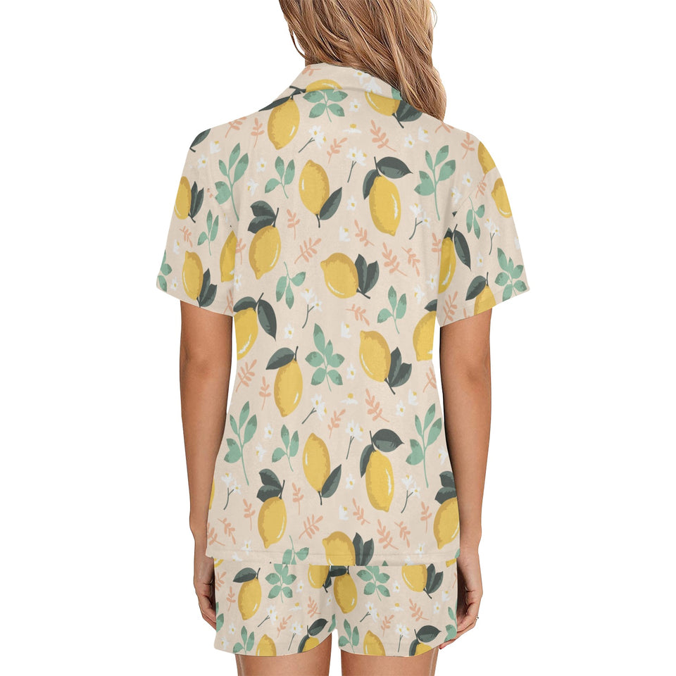 lemon flower leave pattern Women's V-Neck Short Pajama Set