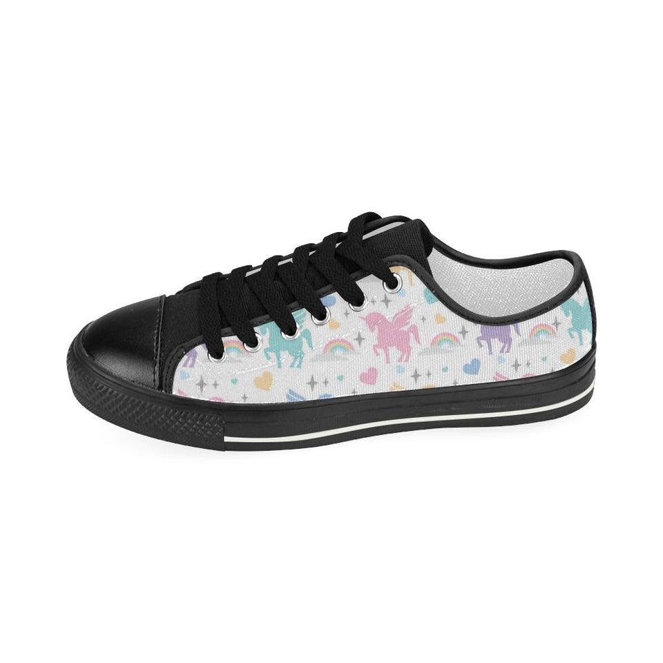 colorful unicorn rainbow heart pattern Kids' Boys' Girls' Low Top Canvas Shoes Black