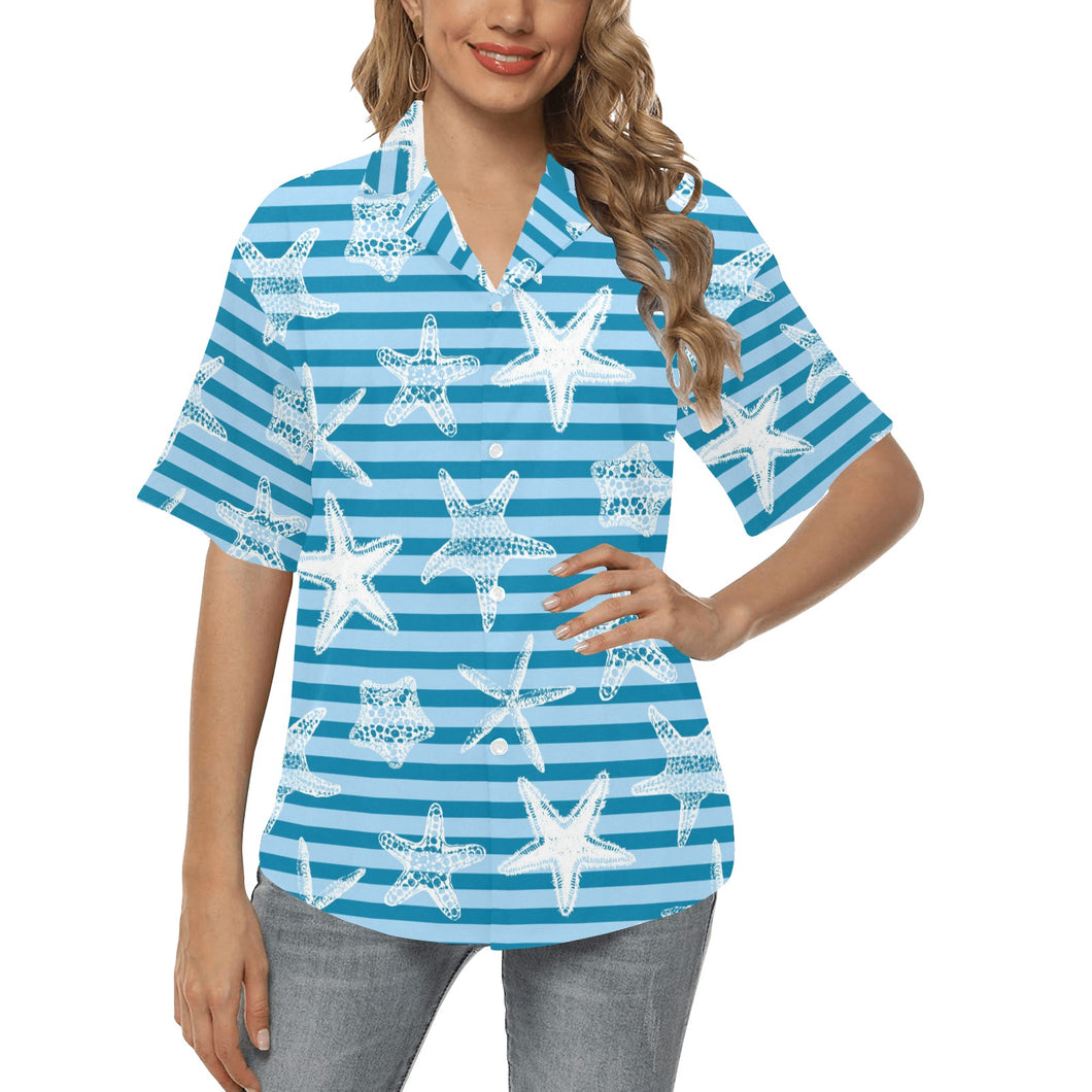 Starfish blue blackground Women's All Over Print Hawaiian Shirt