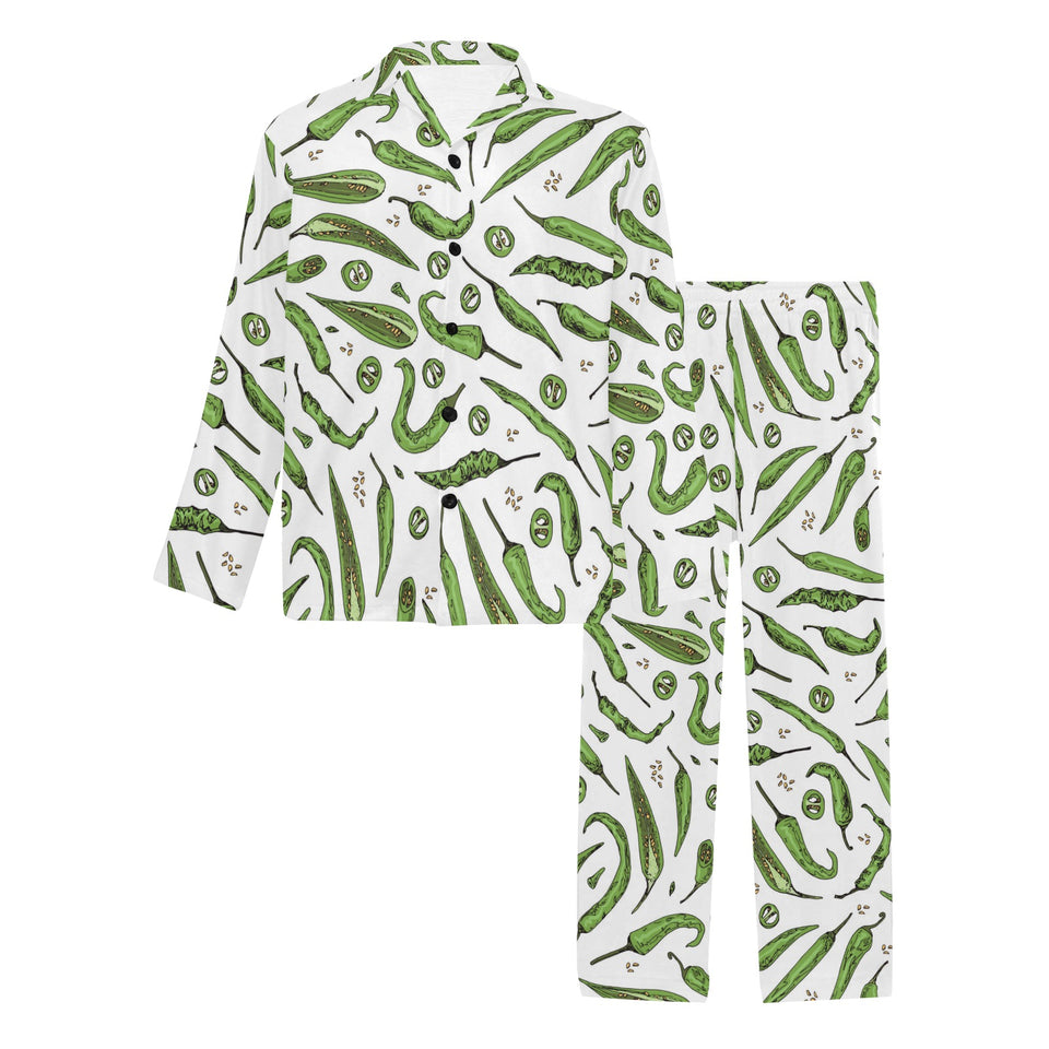 Hand drawn sketch style green Chili peppers patter Men's Long Pajama Set
