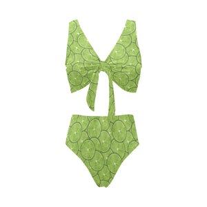 Slices of Lime pattern Chest Bowknot High Waisted Bikini Swimsuit