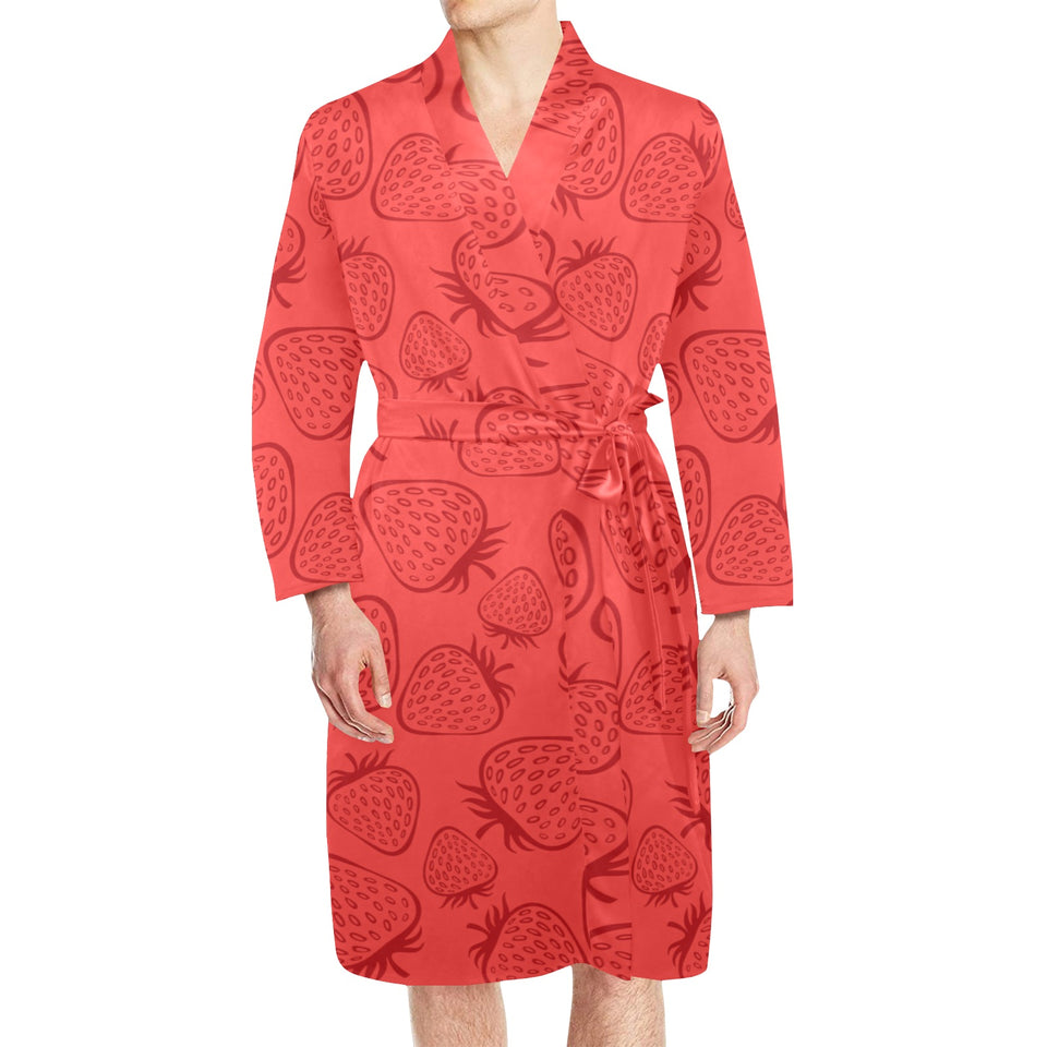 strawberry pattern red background Men's Long Sleeve Belted Night Robe