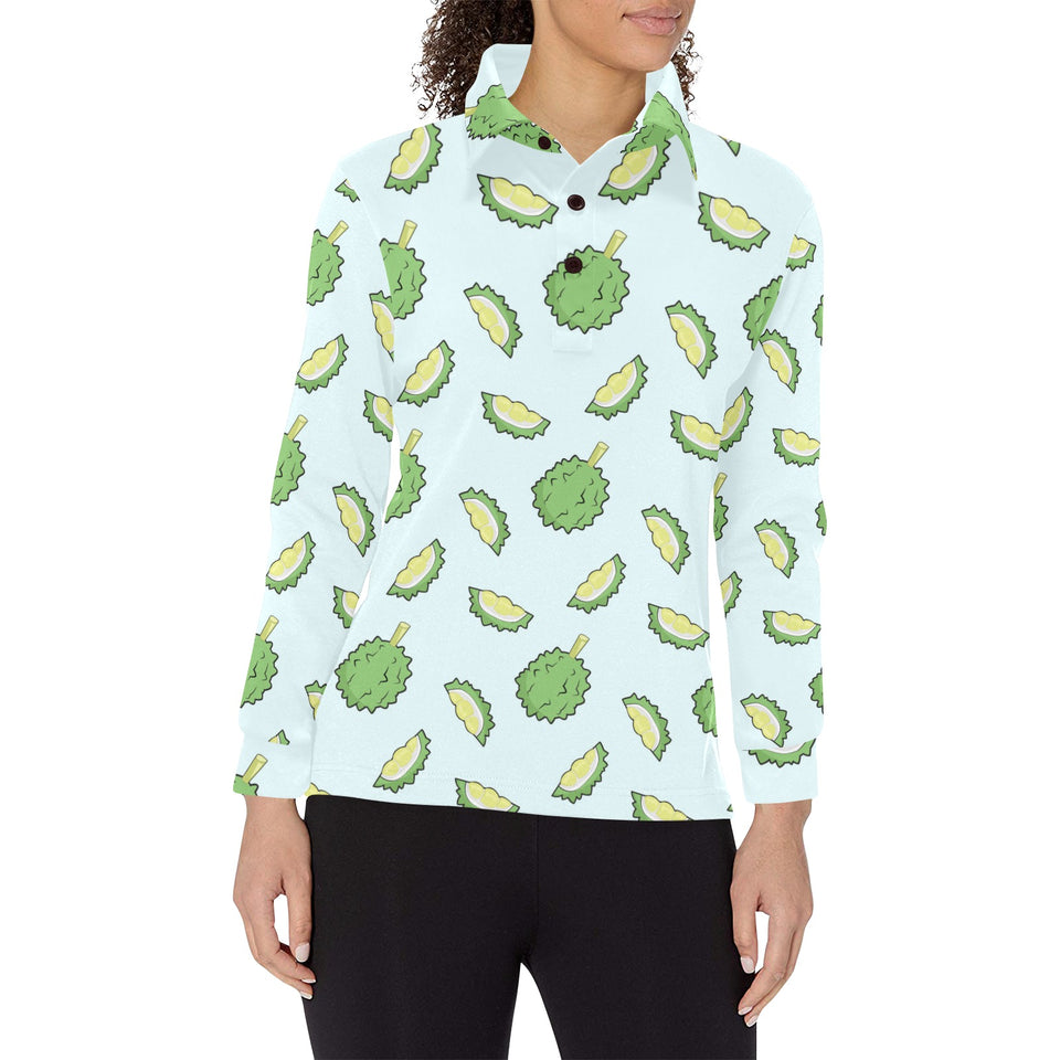 Durian pattern blue background Women's Long Sleeve Polo Shirt