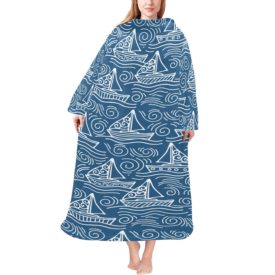 Hand drawn sailboat pattern Blanket Robe with Sleeves