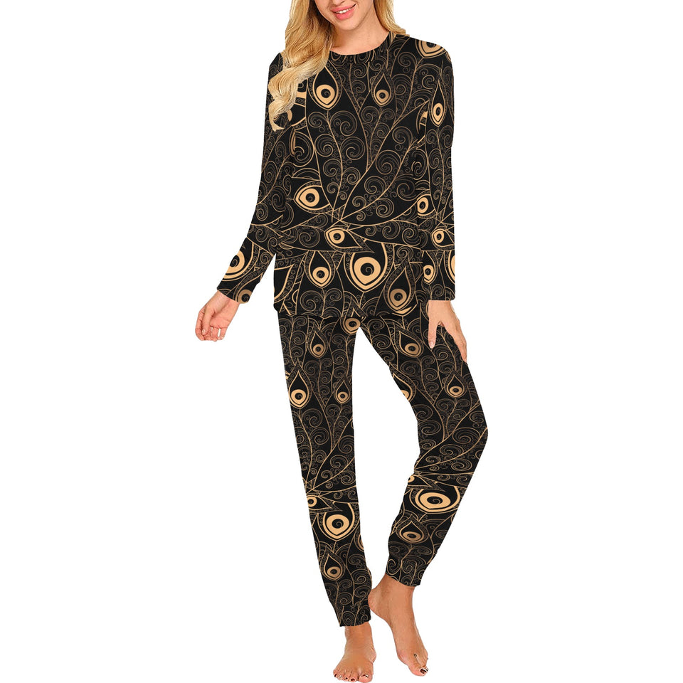 Gold peacock feather pattern Women's All Over Print Pajama Set