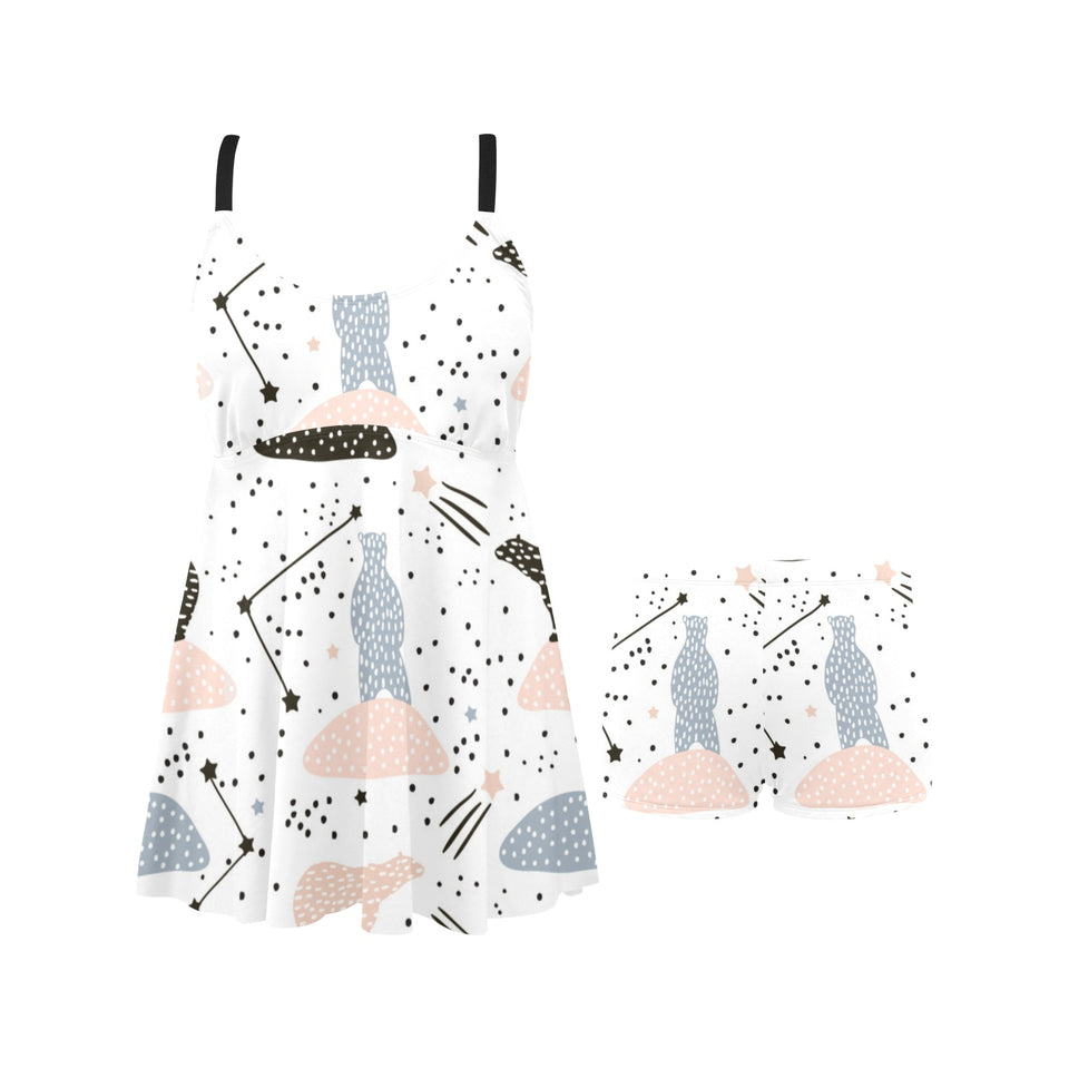 Polar bears star poka dot pattern Chest Sexy Pleated Two Piece Swim Dress