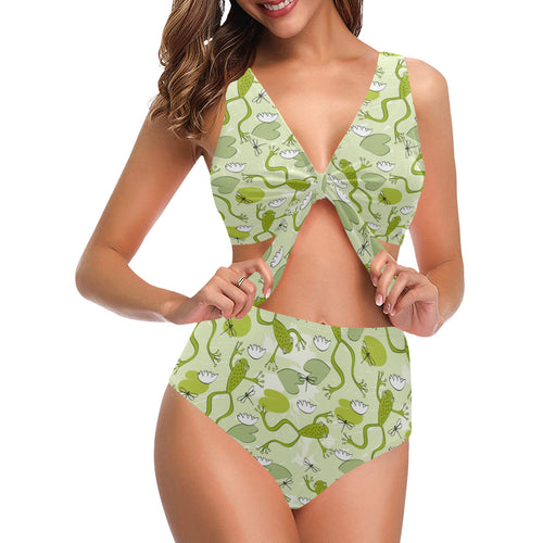 Cute frog dragonfly pattern Chest Bowknot High Waisted Bikini Swimsuit