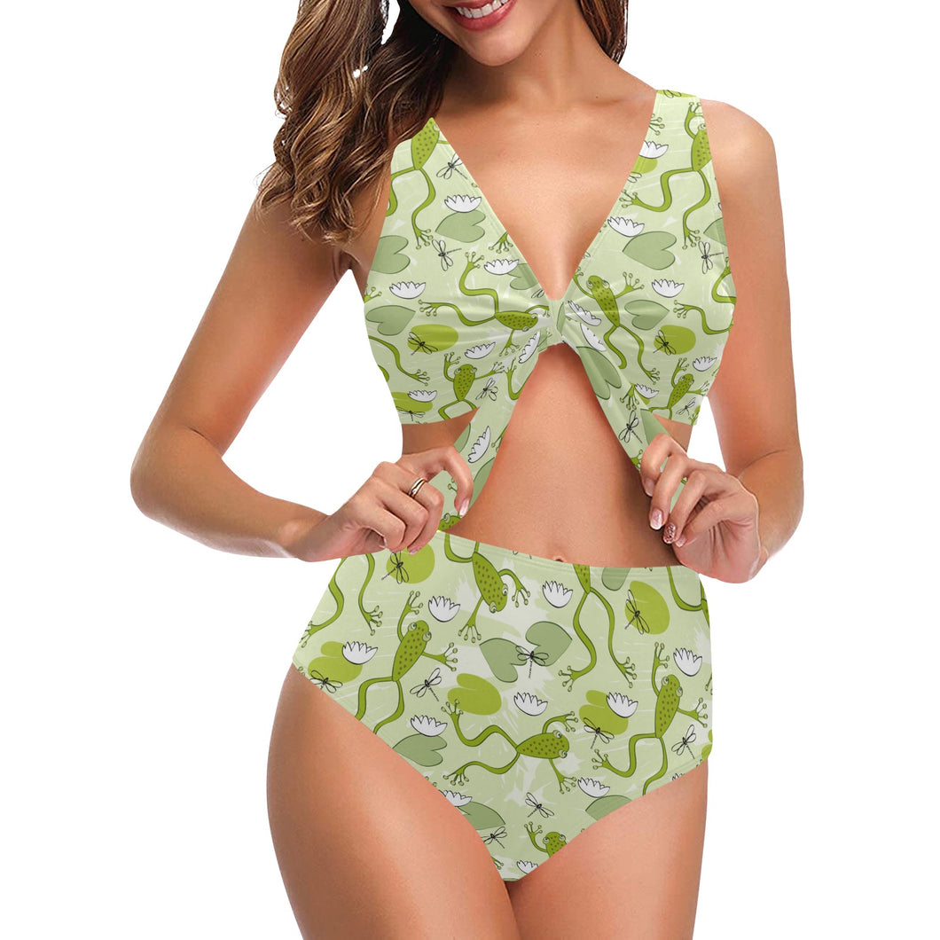 Cute frog dragonfly pattern Chest Bowknot High Waisted Bikini Swimsuit