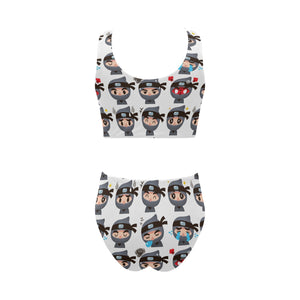 Cute ninja design pattern Chest Bowknot High Waisted Bikini Swimsuit