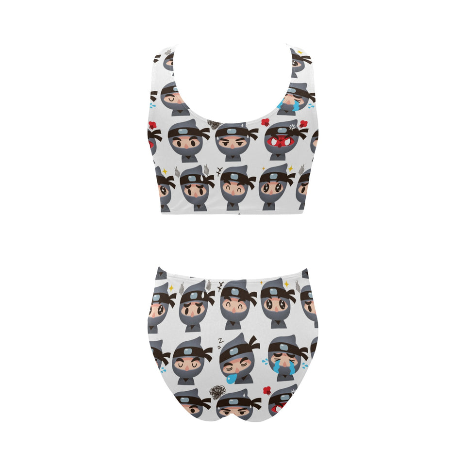 Cute ninja design pattern Chest Bowknot High Waisted Bikini Swimsuit